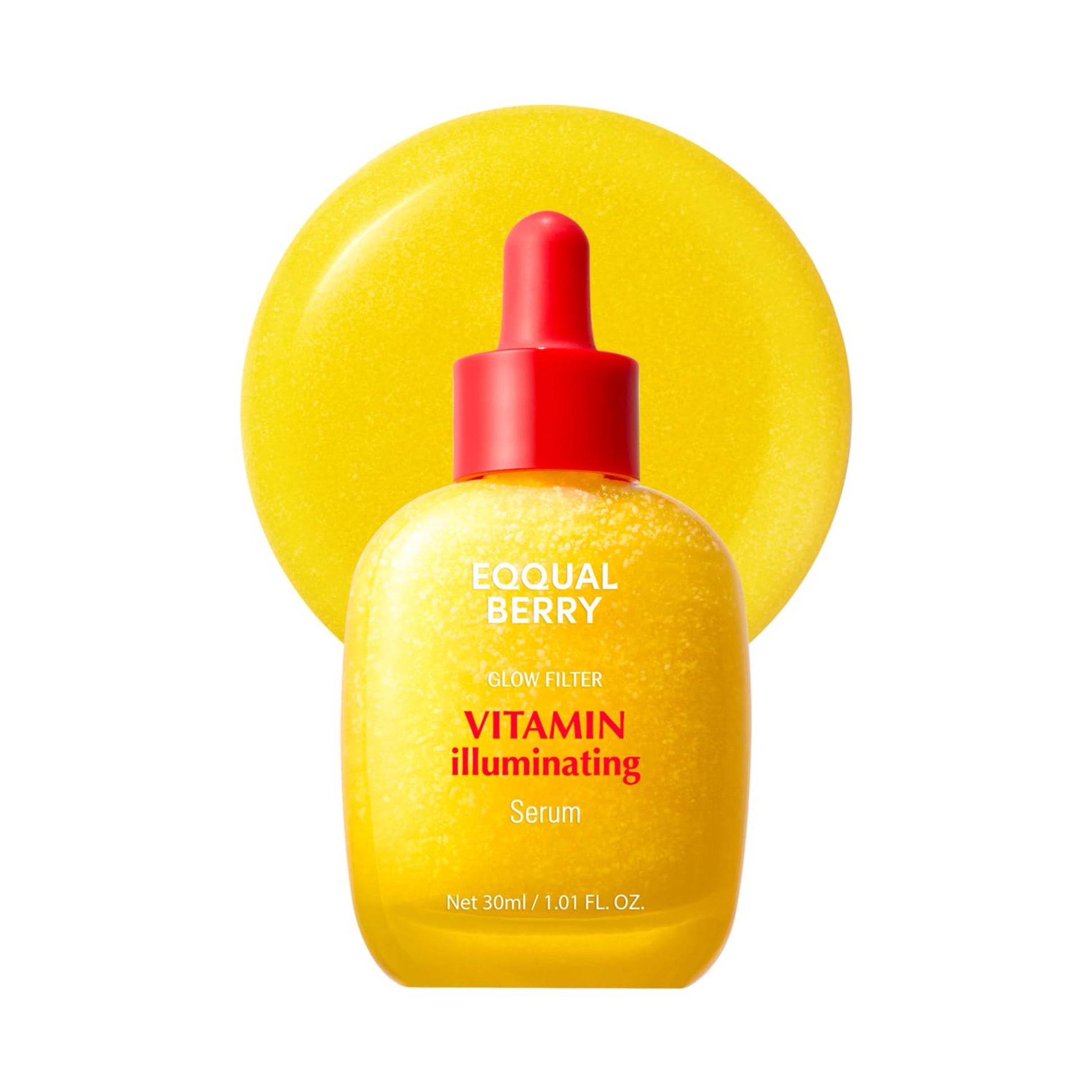 Yellow serum bottle with red dropper and yellow sponge on a white background