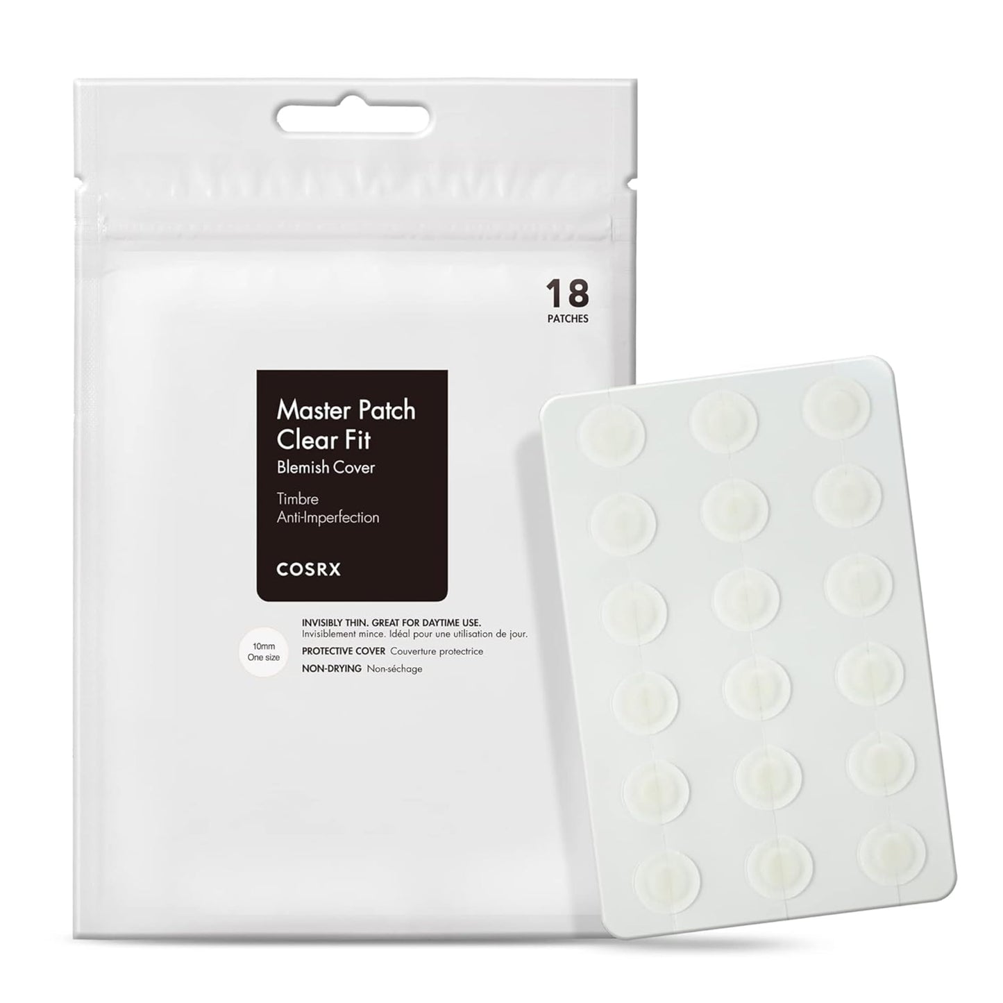 COSRX Master Patch Clear Fit Blemish Cover packaging with patches on a white background
