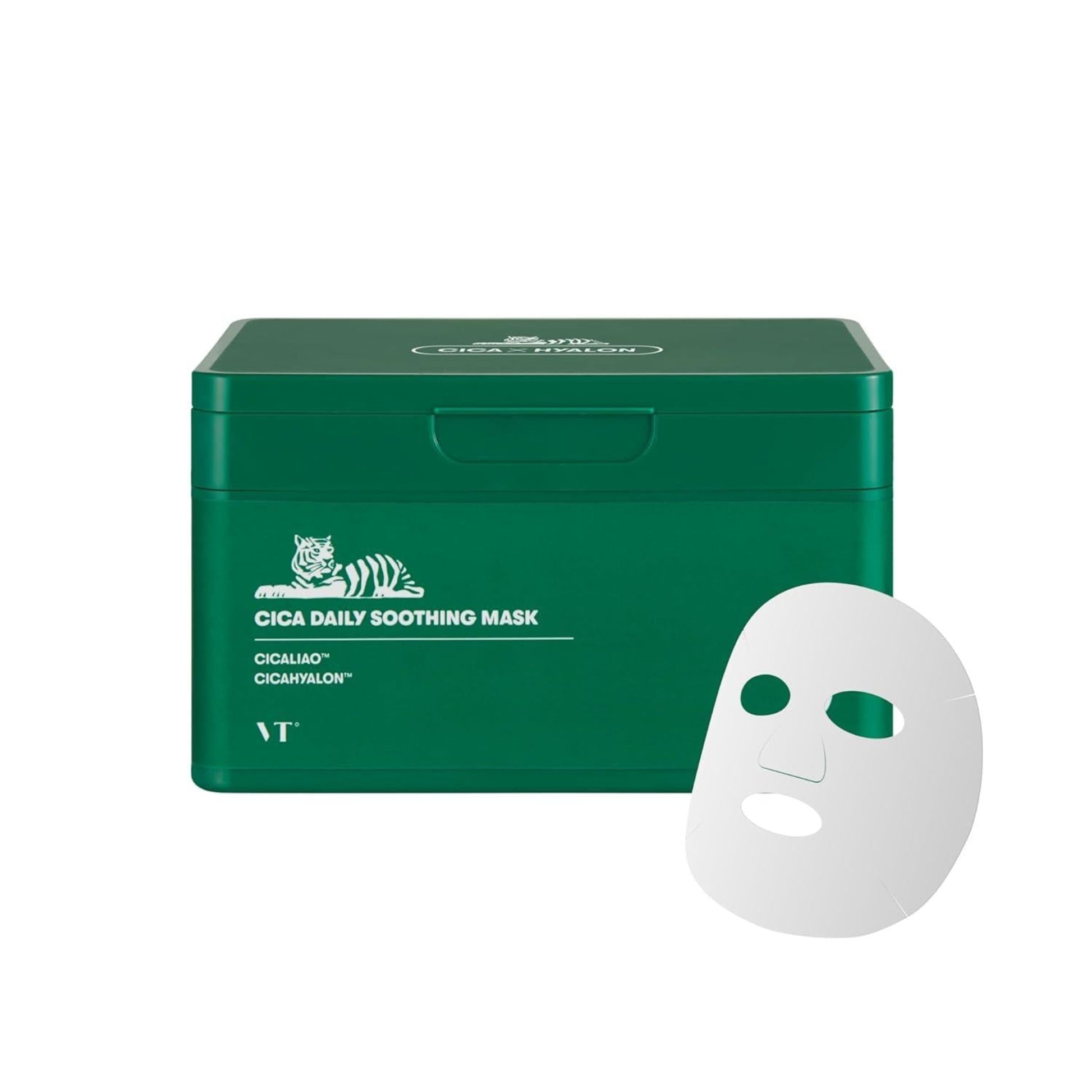 Green box of Cica Daily Soothing Mask with a white mask on a white background