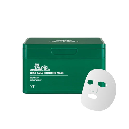 Green box of Cica Daily Soothing Mask with a white mask on a white background