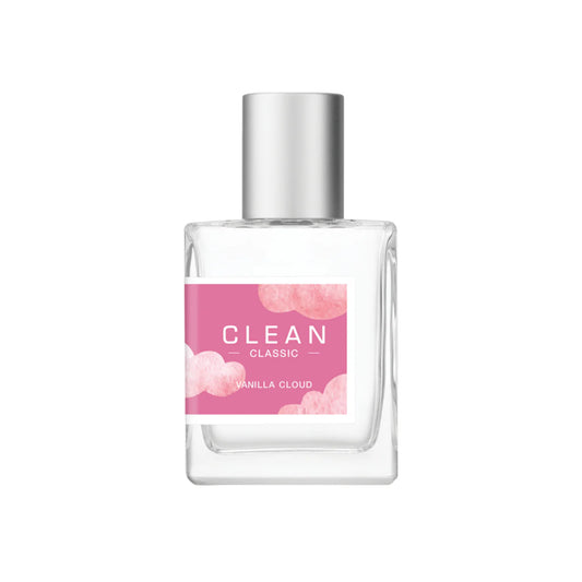 Perfume bottle with pink label on a white background