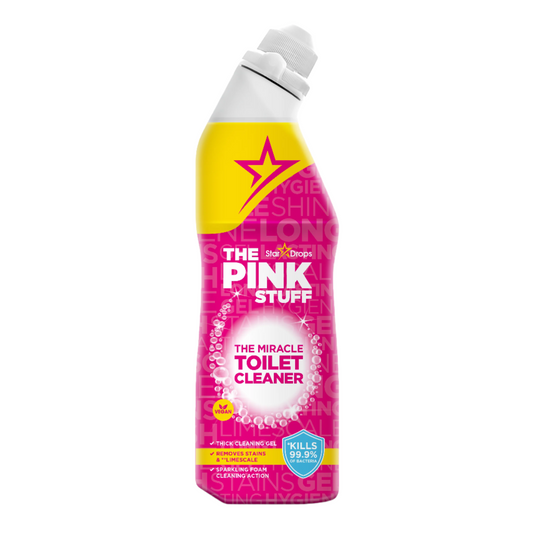 Bottle of 'The Pink Stuff' toilet cleaner with a yellow label on a white background
